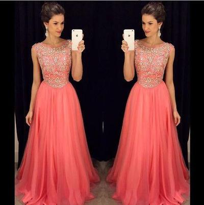coral prom dress, long prom dress, charming prom dress, beaded prom dress, BD509