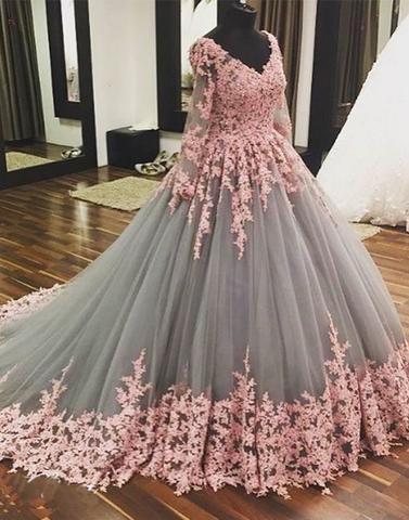 lace appliques A-line grey tulle long sleeves v-neck long prom dress, PD4597