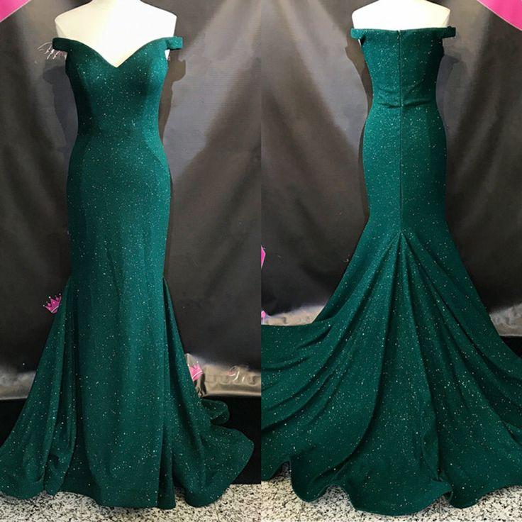 formal dark green off shoulder mermaid long prom dress, PD8875
