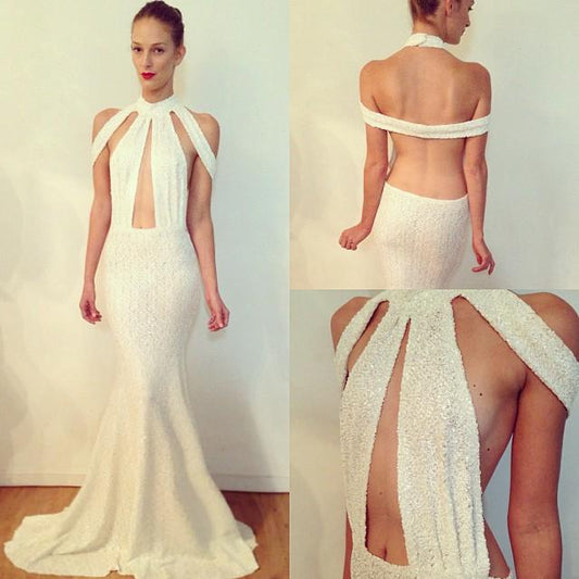 formal halter backless white sparkle long prom dress, PD56598