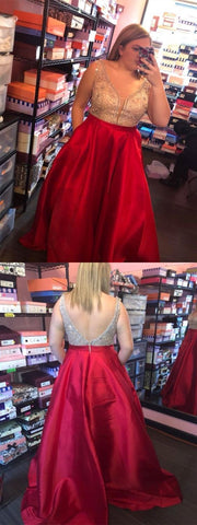 plus size red beaded top long prom dress, PD5896