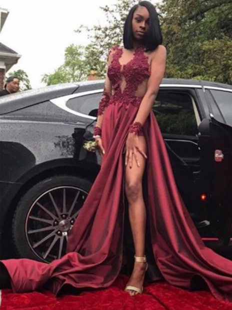sexy burgundy long sleeves formal long prom dress with side slit, PD02503