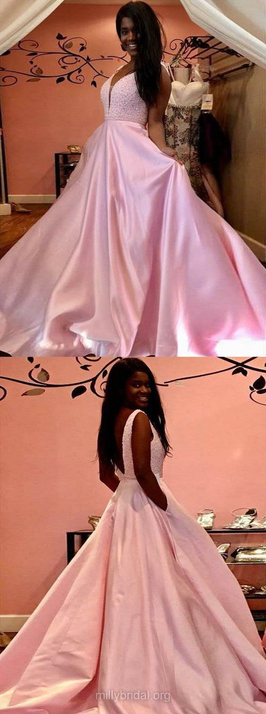 v-neck pink A-line long beaded princess party dress, PD1511