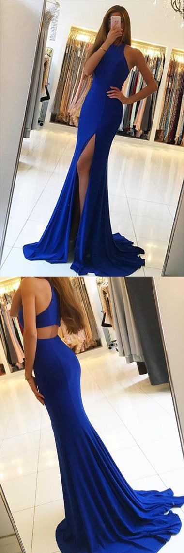 formal royal blue side slit mermaid long prom dress, PD8590