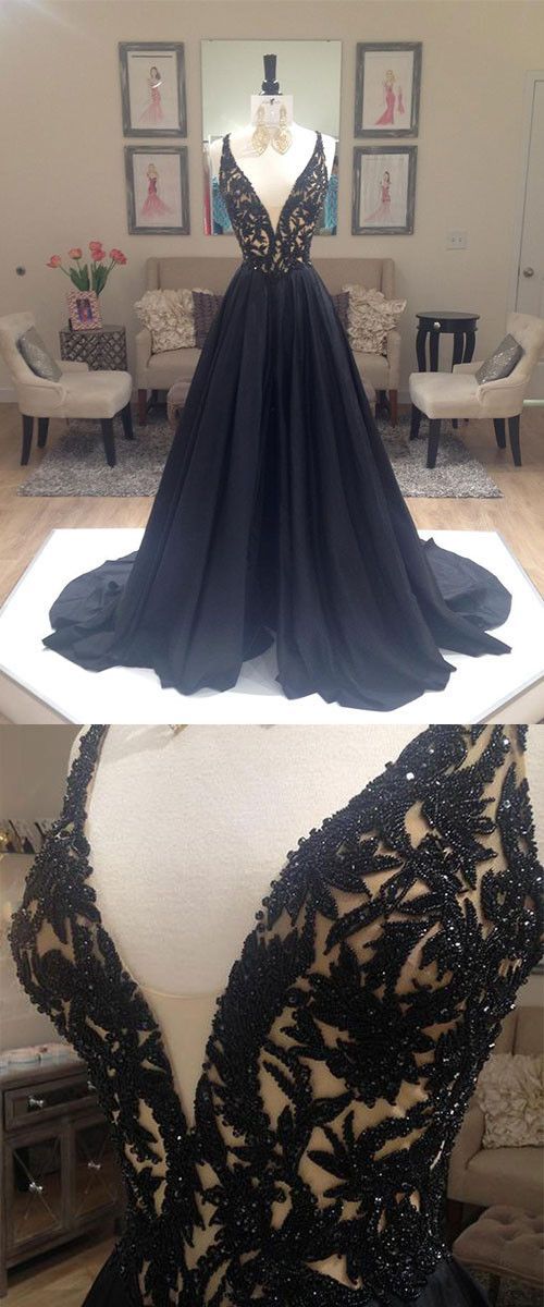 A Line prom dress, long prom Dress, black prom dress, beaded prom dress, formal prom dress,BD985