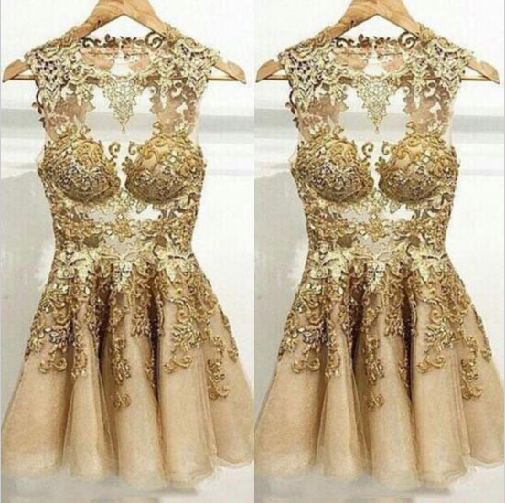 short prom dress, gold prom dress, unique prom dress, see through party dress, cocktail dress, BD89