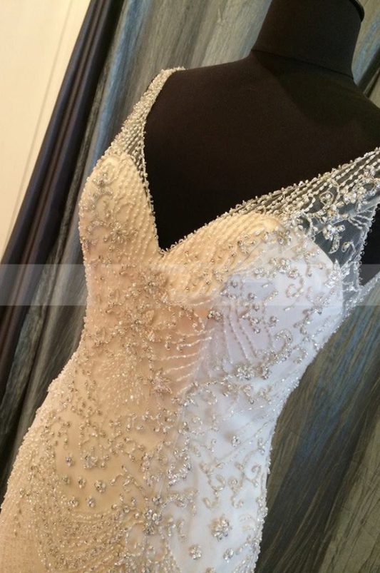 charming long beaded v-neck white tulle backless mermaid wedding dress, WD103