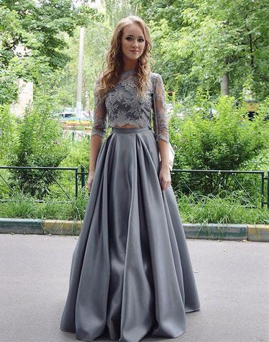 long sleeves two pieces gray lace top floor-length prom dress, PD1307