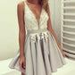 A-line light grey v-neck short lace homecoming dresses, HD966