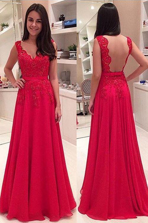 modest red open back long prom dress, PD45515