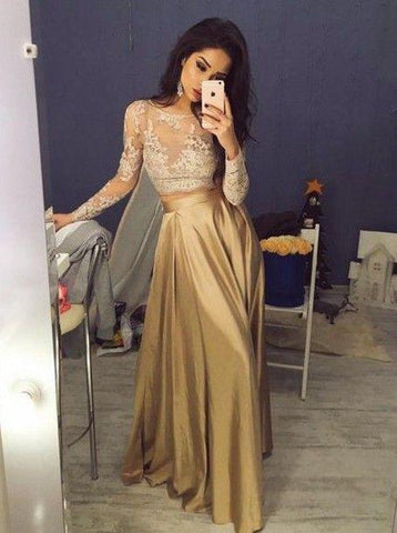 gold prom dress, long prom dress, lace sleeves evening gown, formal prom dress, two pieces evening dress 2017, BD267
