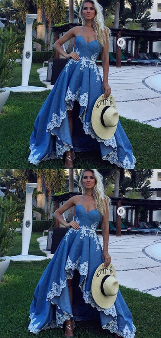 charming sweetheart hi-lo blue prom dresses, BD6900