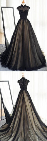 Cap sleeves high neck A-line long black prom dress, BD7658