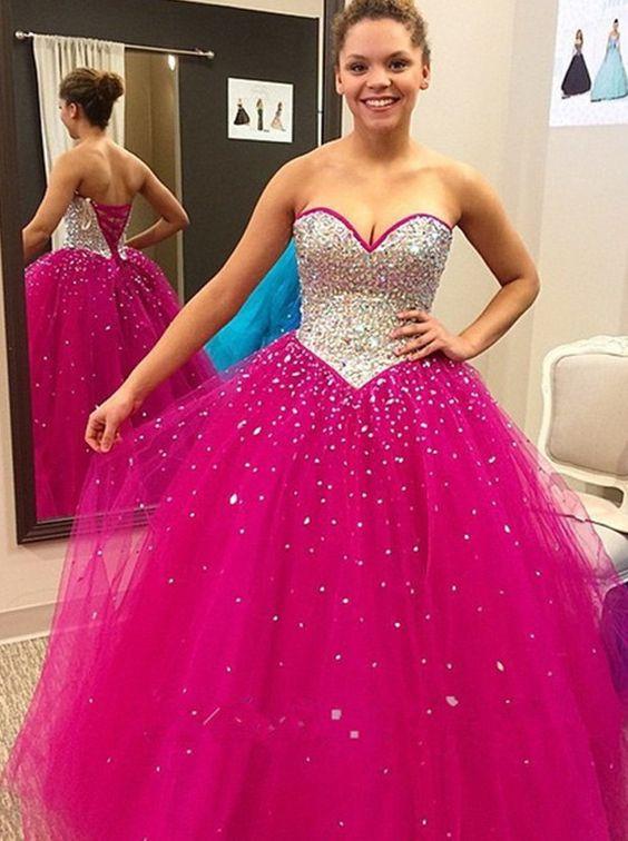 hot pink prom dress, long prom dress, A-line prom dress, sweetheart prom dress, evening gown with rhinestone, BD272