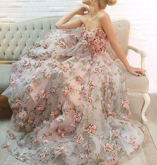 new arrive charming flower appliques long prom dress strapless evening dress, BD1627