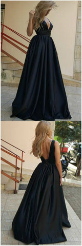 formal black v-neck long satin prom dress, BD4529