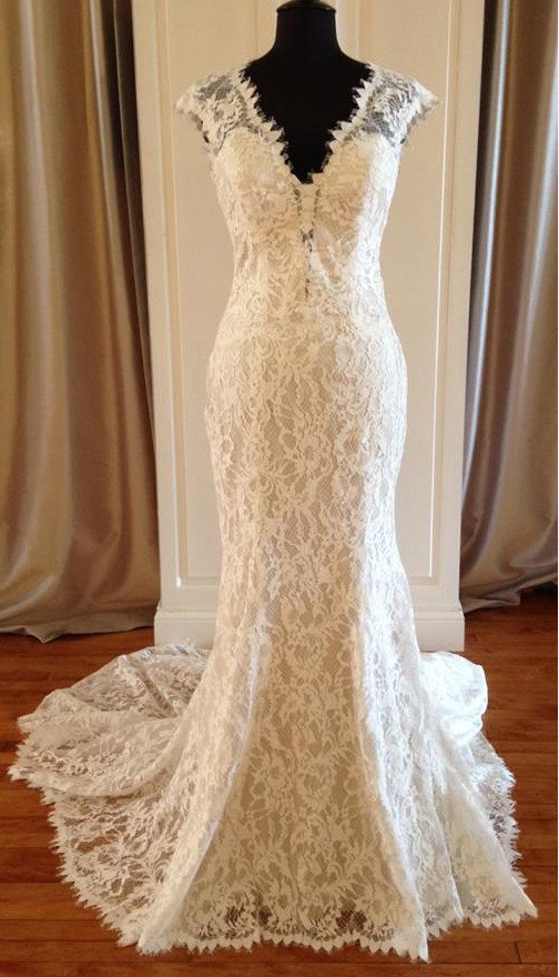 Cap Sleeves Dark Ivory V-neck Lace Mermaid Chapel Train Wedding Dress -  JLDressCA