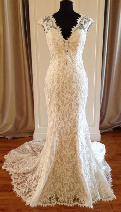 cap sleeves dark ivory v-neck lace mermaid Chapel Train wedding dress, WD108
