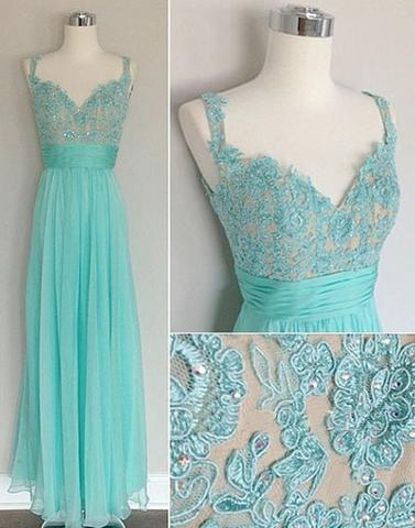 Long Blue Bridesmaid Dress with Lace Appliques , PD52660