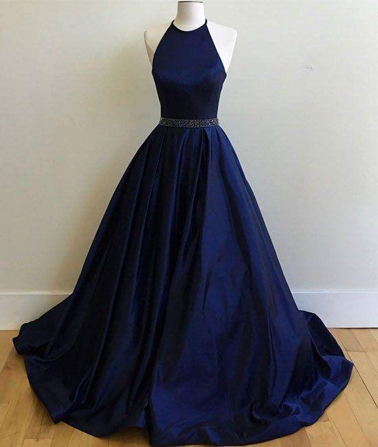 dark blue prom dress, long prom dress, A-line prom dress, halter evening dress, prom dress, BD378