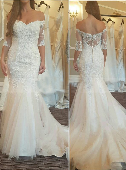 2020 mid-sleeves elegant off shoulder mermaid ivory lace wedding dresses, WD101