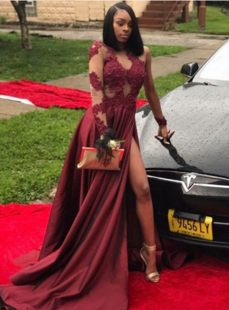 Sexy Burgundy Long Sleeves Formal Prom Dress with Side Slit - JLDressCA Sexy Burgundy Long Sleeves Formal Prom Dress with Side Slit - JLDressCA