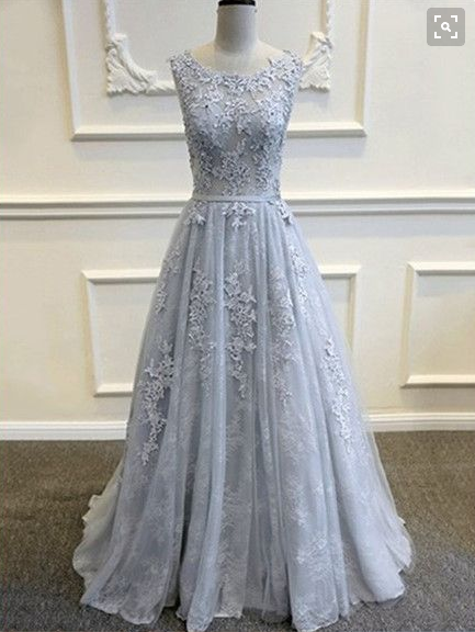 gray prom dress, long prom dress, lace applique prom dress, charming prom dress, A-line evening gown, BD276