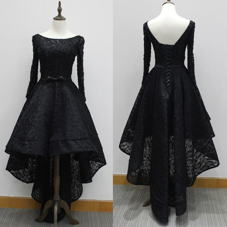 lace up black lace hi-lo long sleeves prom dresses, PD9668