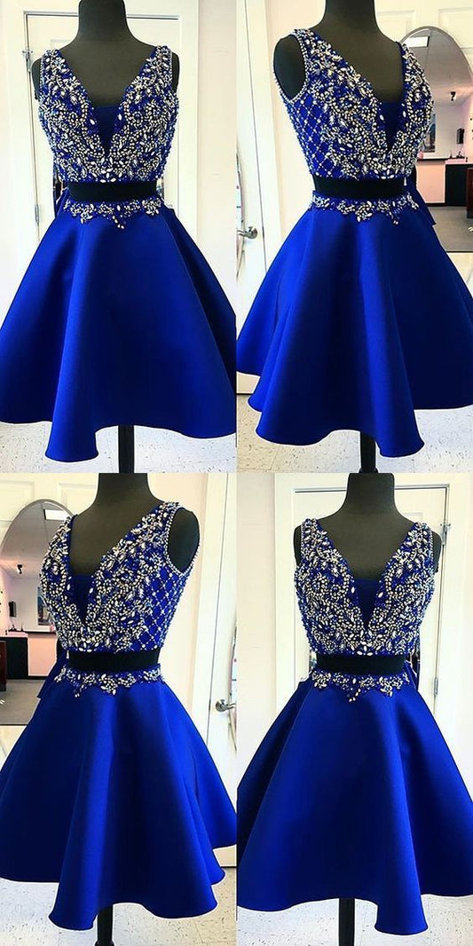 two pieces v-neck royal blue beaded homecoming dress, HD526
