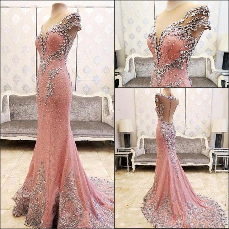 formal pink mermaid open back beaded long prom dress, PD6524
