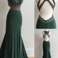 elegant open back mermaid beaded formal dark green long prom dress, PD8862