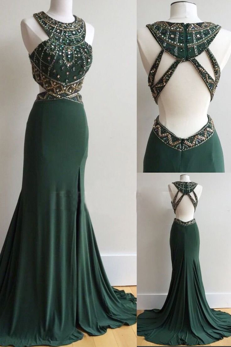 elegant open back mermaid beaded formal dark green long prom dress, PD8862