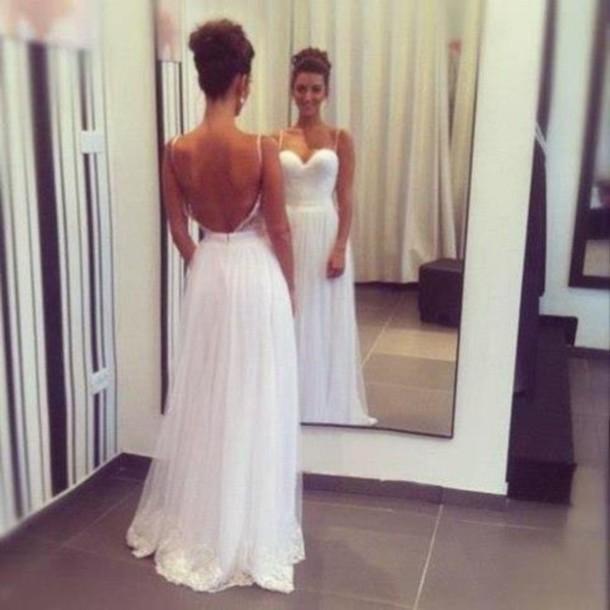 backless sweetheart spaghetti straps white long prom dresses, PD56567