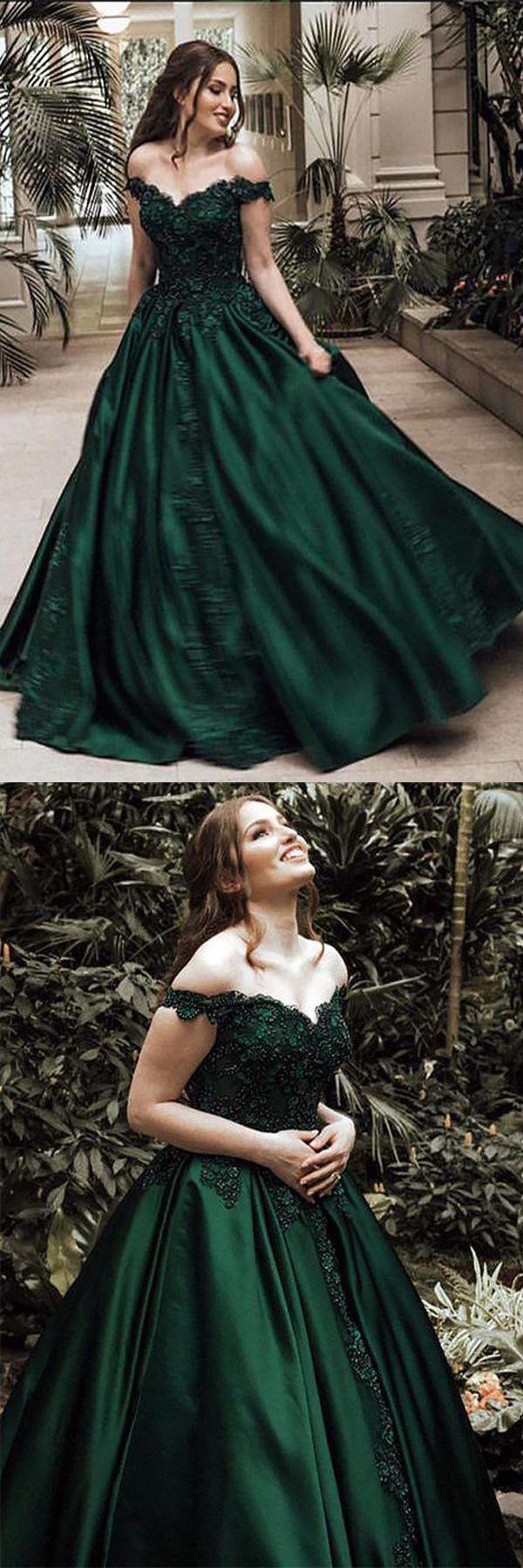 A-Line Ball Gown Off the Shoulder Evening Dresses Green Sleeveless Sweetheart Lace Satin Prom Dresses