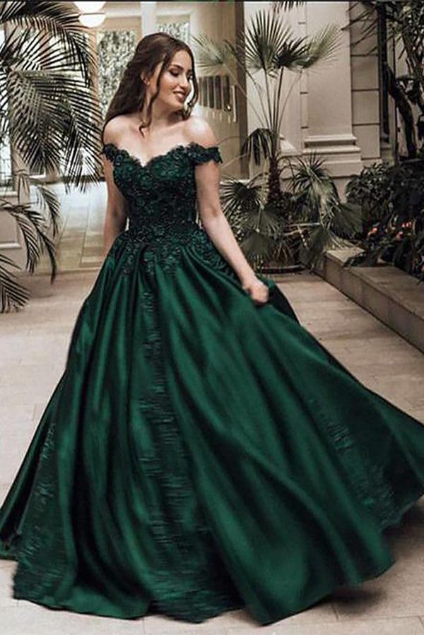 A-Line Ball Gown Off the Shoulder Evening Dresses Green Sleeveless Sweetheart Lace Satin Prom Dresses