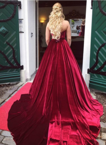 velvet burgundy sweetheart A-line formal long prom dress, PD02501