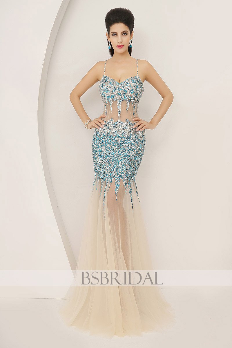 spaghetti straps mermaid sexy formal long prom dress, AJ005