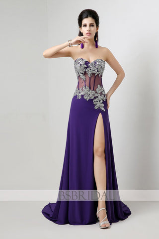 purple chiffon sweetheart side slit long prom dress, AJ023