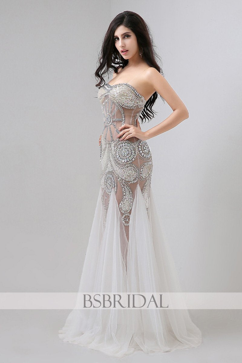 sexy unique white tulle strapless beaded long prom dress, AJ030