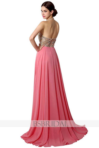 pink chiffon halter beaded top long prom dress, AJ031