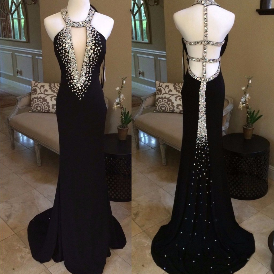 beaded black backless halter formal charming long prom dresses, PD9775