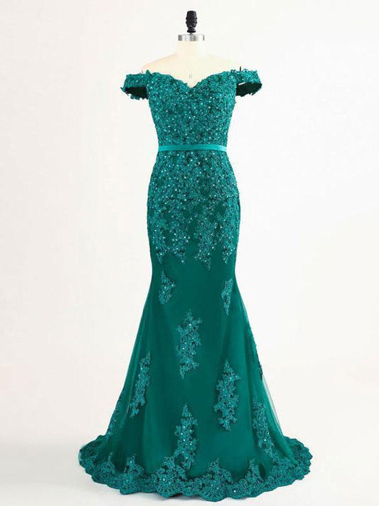 elegant mermaid green lace off shoulder long prom dress, BD7676