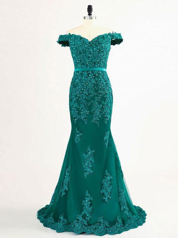 elegant mermaid green lace off shoulder long prom dress, BD7676