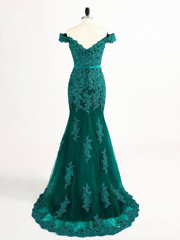 elegant mermaid green lace off shoulder long prom dress, BD7676