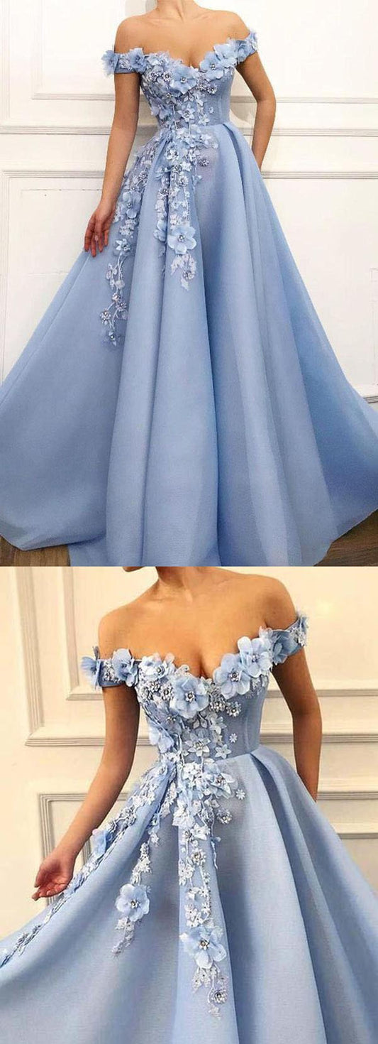 A Line Blue Off the Shoulder Tulle Lace Sweetheart 3D Flowers Prom Dresses,Formal Dress