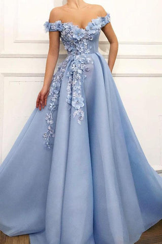 A Line Blue Off the Shoulder Tulle Lace Sweetheart 3D Flowers Prom Dresses,Formal Dress