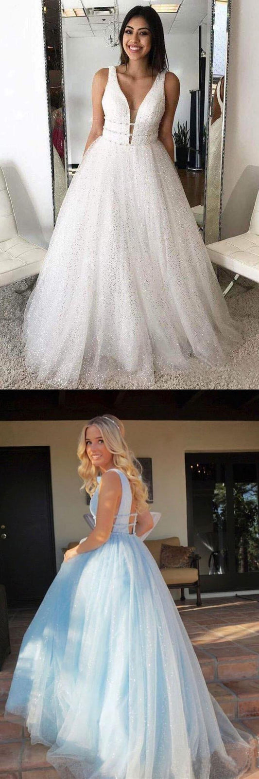 A Line Deep V Neck Ball Gown Prom Dresses Open Back White Evening Dresses