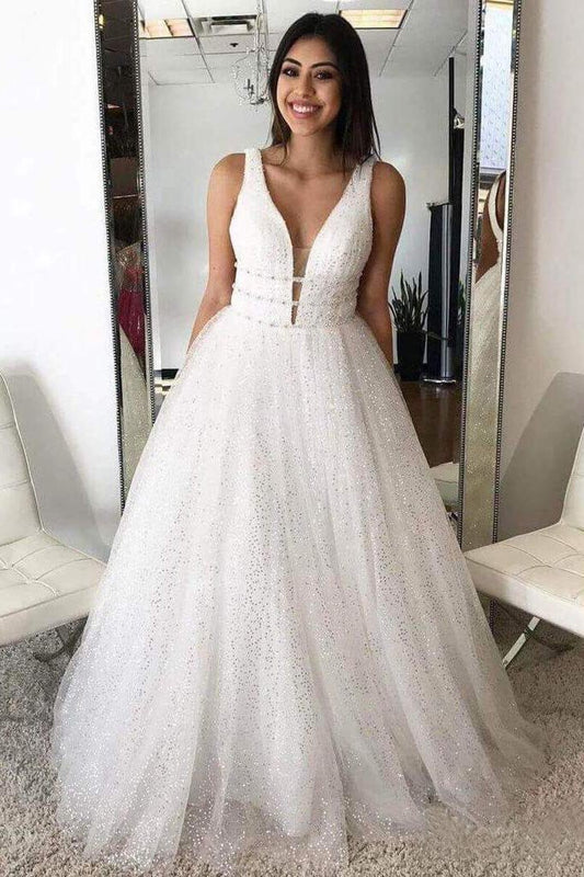 A Line Deep V Neck Ball Gown Prom Dresses Open Back White Evening Dresses