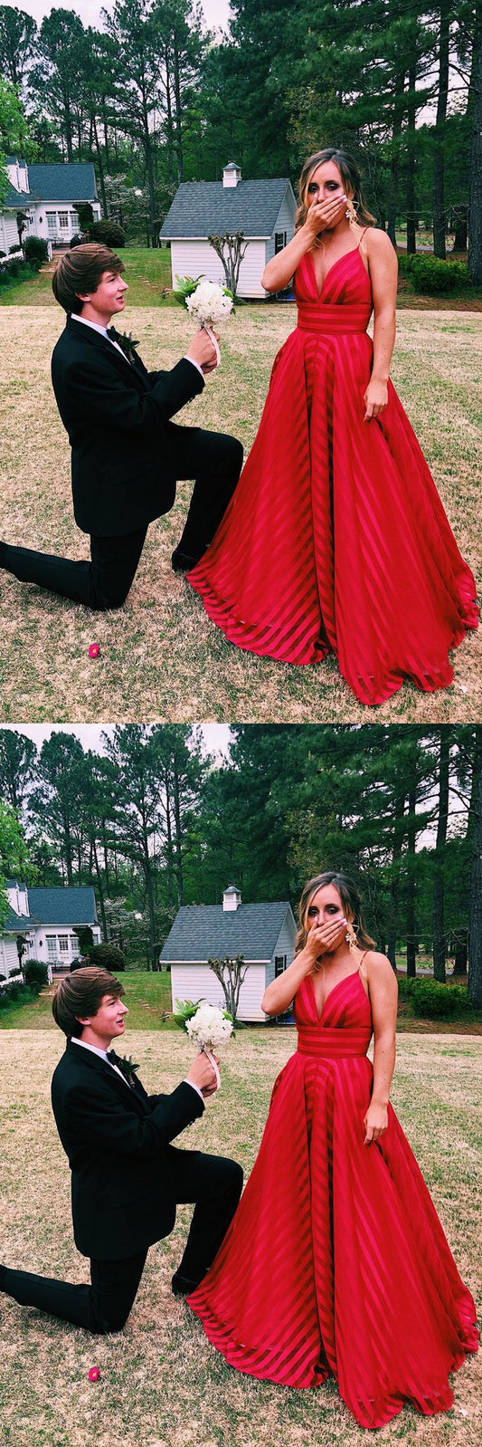 A Line Red Long Sleeve Ruffles V Neck Evening Dresses Sleeveless Prom Dresses