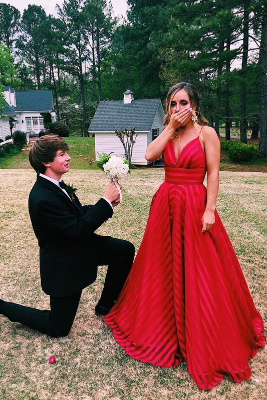 A Line Red Long Sleeve Ruffles V Neck Evening Dresses Sleeveless Prom Dresses